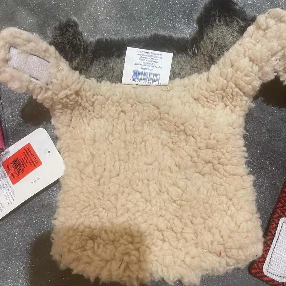 RED TWEED Harness Pet Jacket Vest w Faux Fur & Wooly Trim!
